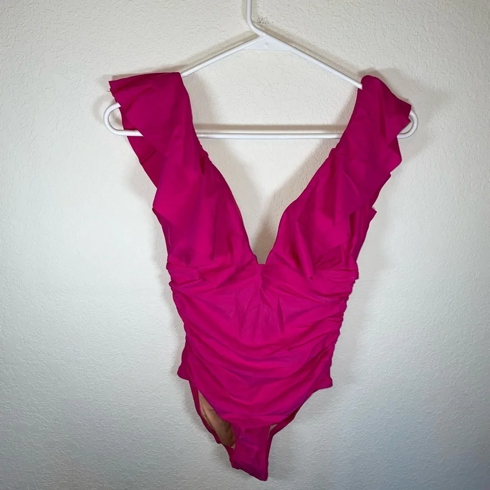 J.Crew Ruched Ruffle women’s one piece swimsuit. Fuchsia size 4.